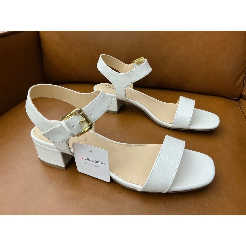 Liz Claiborne Renny Sandals Womens 8.5 White New Croc Embossed Block Heel Z0869